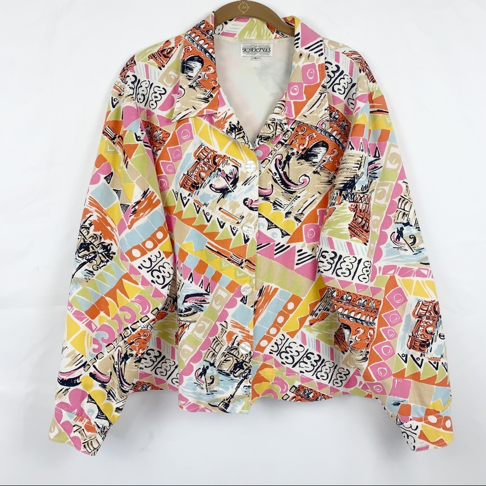 Vintage Linen Blend Italy Print Art to Wear Lightweight Jacket